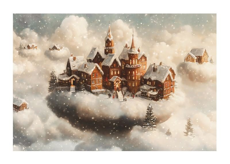 A poster showing a magical village floating in the clouds-12