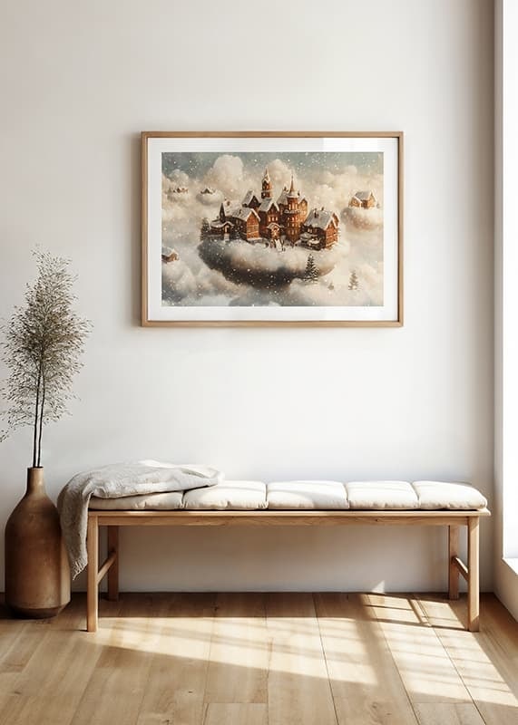 A poster showing a magical village floating in the clouds-12
