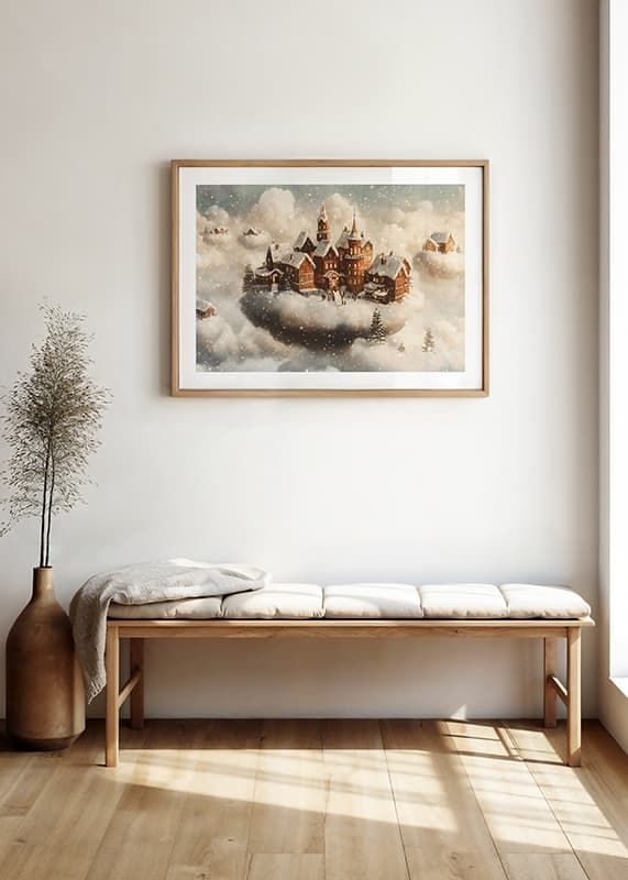 A poster showing a magical village floating in the clouds-12