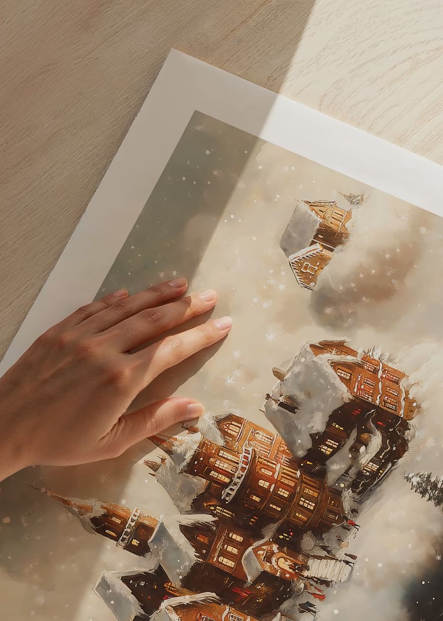 A poster showing a magical village floating in the clouds-12