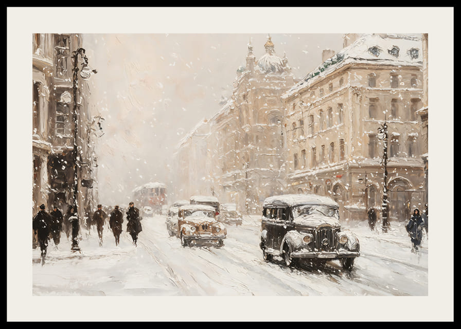 Plagát zobrazujúci očarujúcu mestskú ulicu so snežením-12