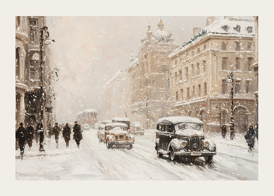 En poster som visar en charmig stadsgata med snöfall-12