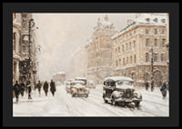 En poster som visar en charmig stadsgata med snöfall-4
