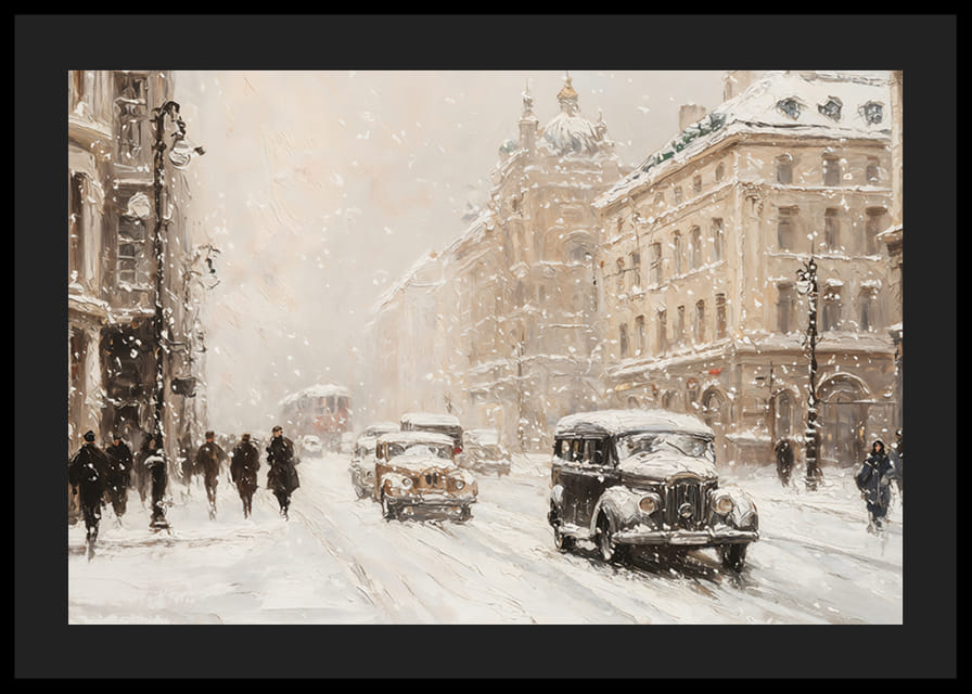 Plagát zobrazujúci očarujúcu mestskú ulicu so snežením-12