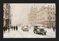 En poster som visar en charmig stadsgata med snöfall-5