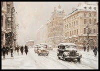 En poster som visar en charmig stadsgata med snöfall-6