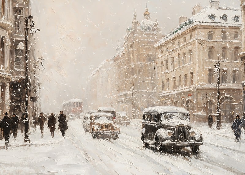 En poster som visar en charmig stadsgata med snöfall-12
