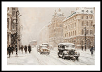 En poster som visar en charmig stadsgata med snöfall-0