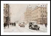 A poster showing a charming city street with snowfall-0