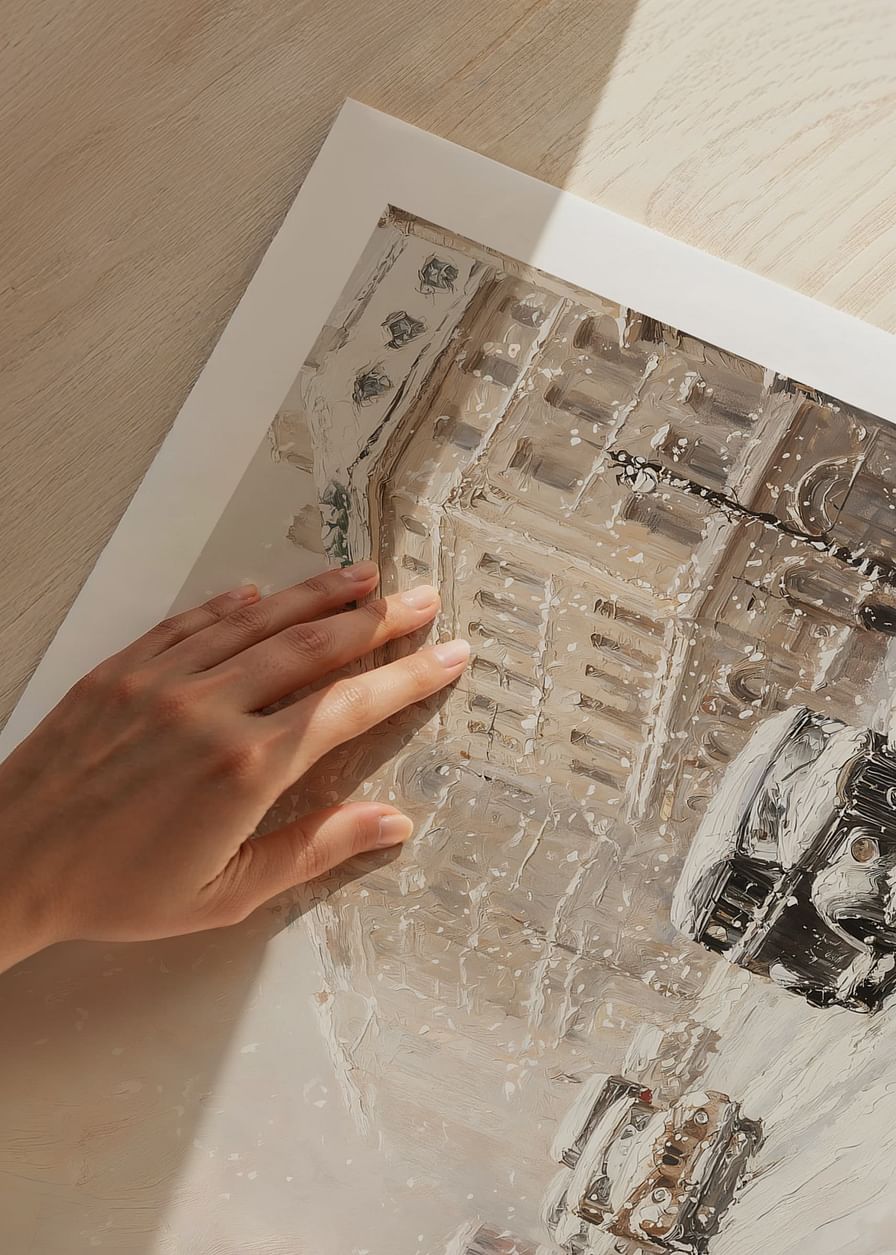 A poster showing a charming city street with snowfall-12