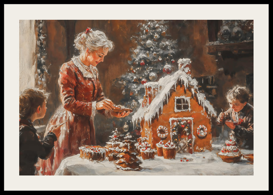 Un cartel que muestra a una familia decorando una casa de pan de jengibre.-12