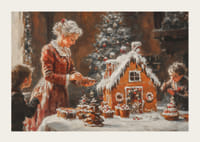 Un cartel que muestra a una familia decorando una casa de pan de jengibre.-3