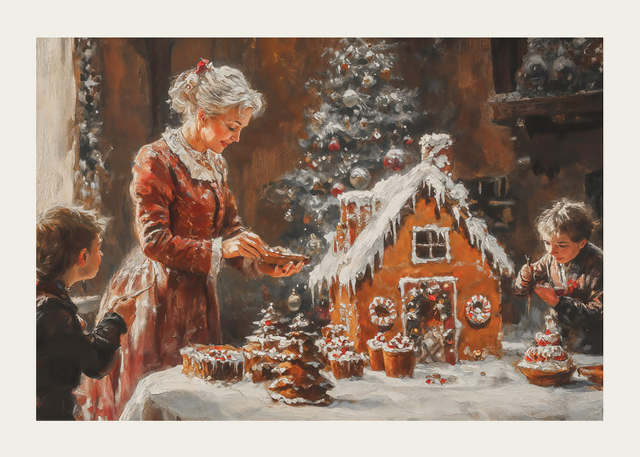 Un cartel que muestra a una familia decorando una casa de pan de jengibre.-12