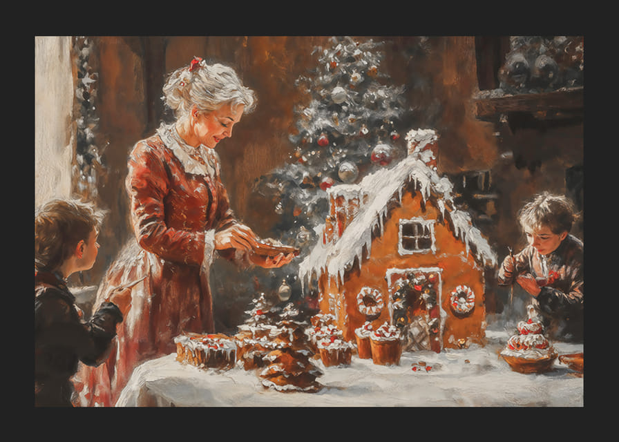 Un cartel que muestra a una familia decorando una casa de pan de jengibre.-12
