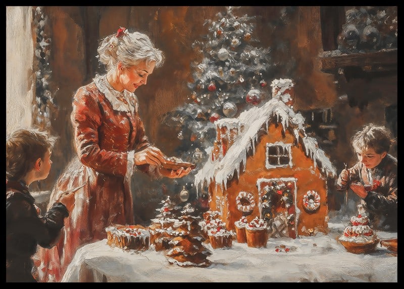 A poster showing a family decorating a gingerbread house-12