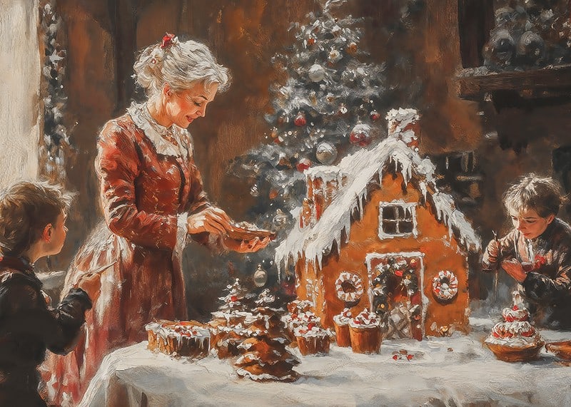 A poster showing a family decorating a gingerbread house-12