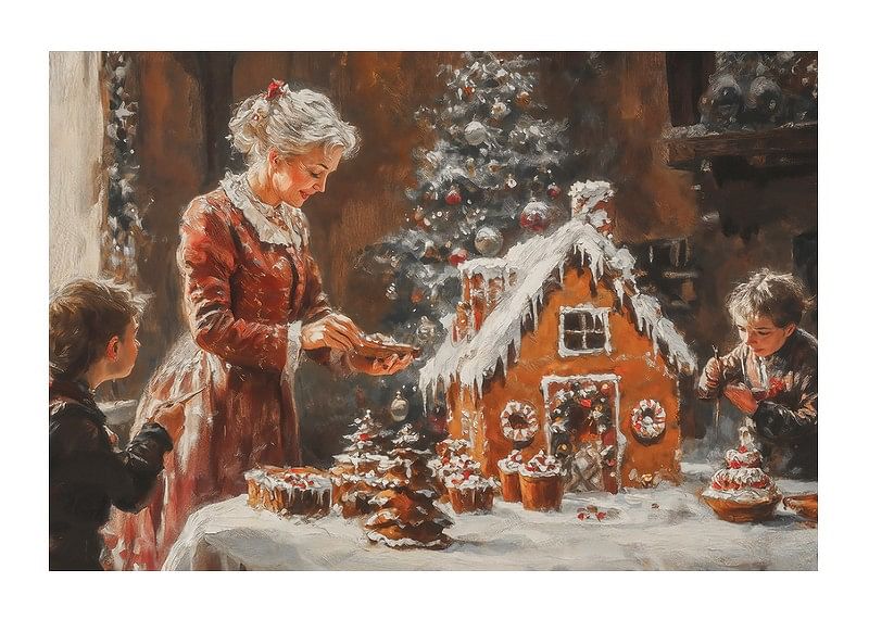 A poster showing a family decorating a gingerbread house-12