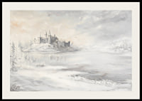 A poster depicting a majestic castle by a frozen lake-2