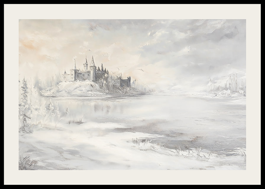 A poster depicting a majestic castle by a frozen lake-12