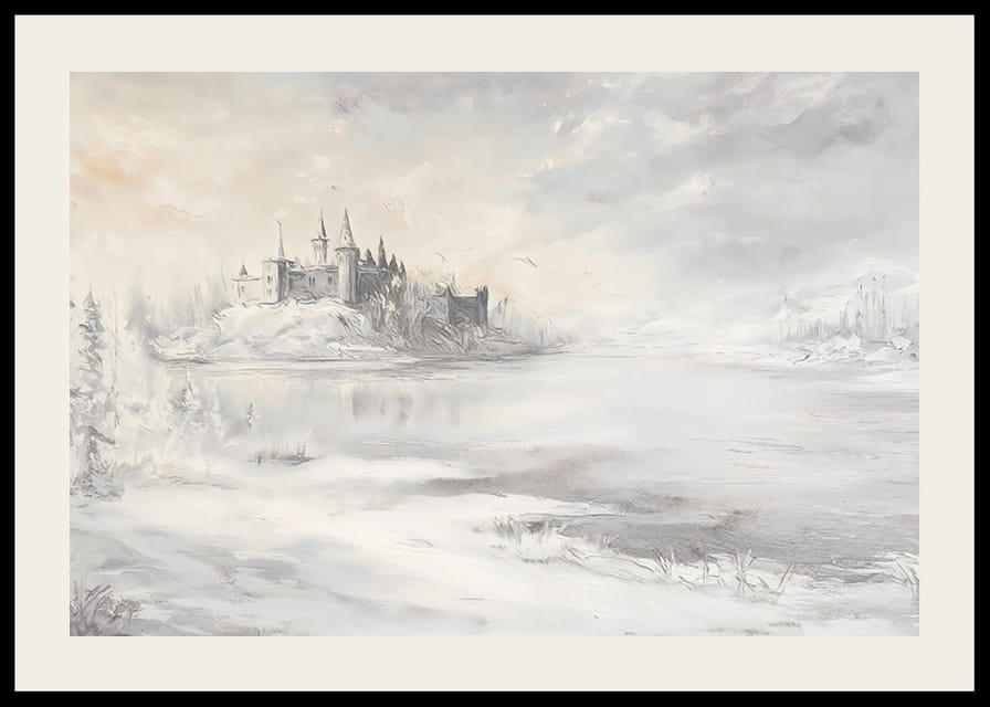 Egy befagyott tó melletti fenséges kastélyt ábrázoló plakát-12