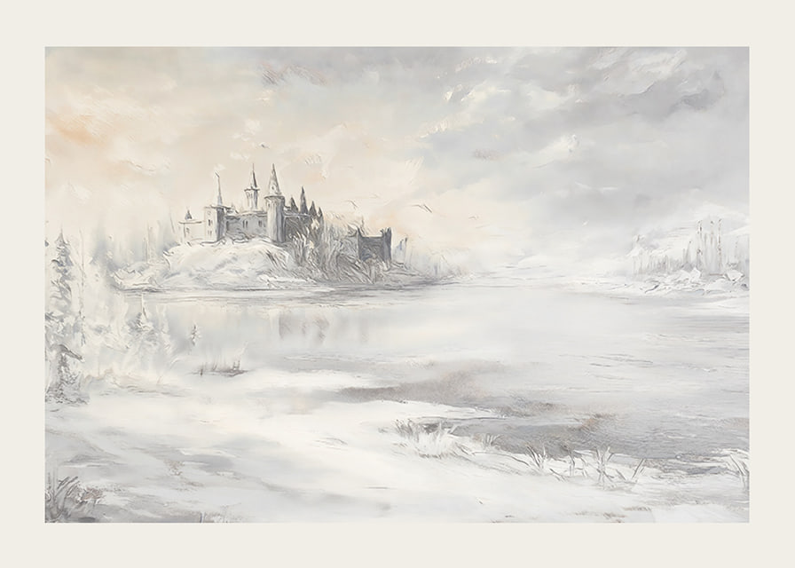 A poster depicting a majestic castle by a frozen lake-12