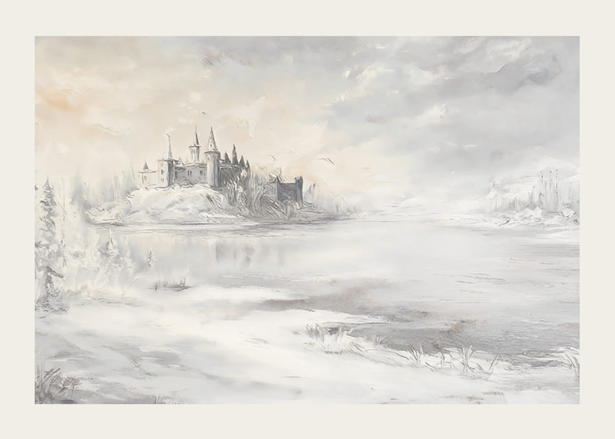 Egy befagyott tó melletti fenséges kastélyt ábrázoló plakát-12