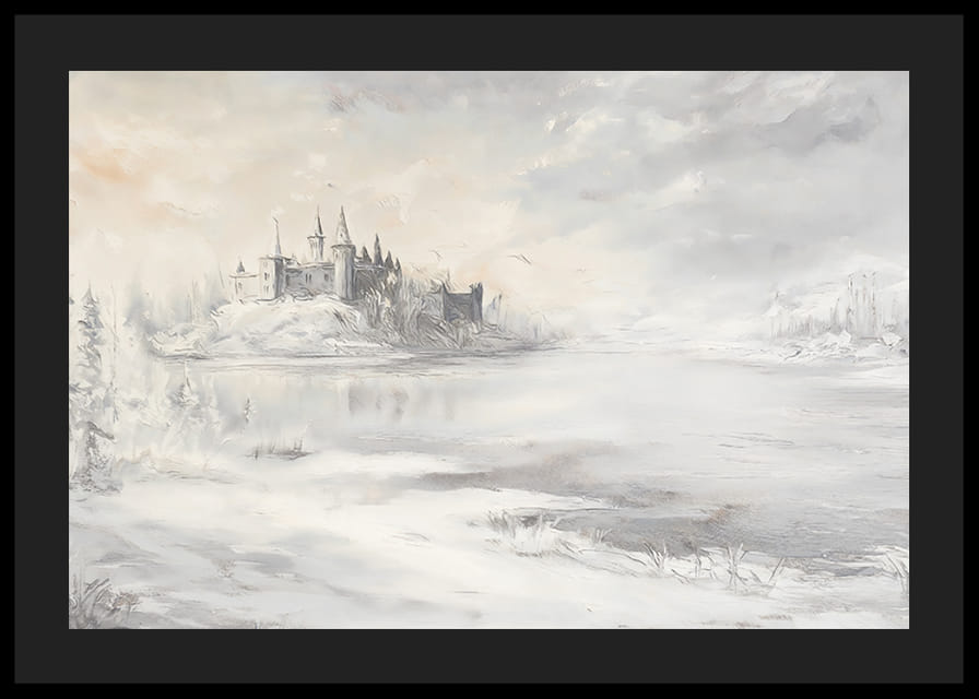 Egy befagyott tó melletti fenséges kastélyt ábrázoló plakát-12