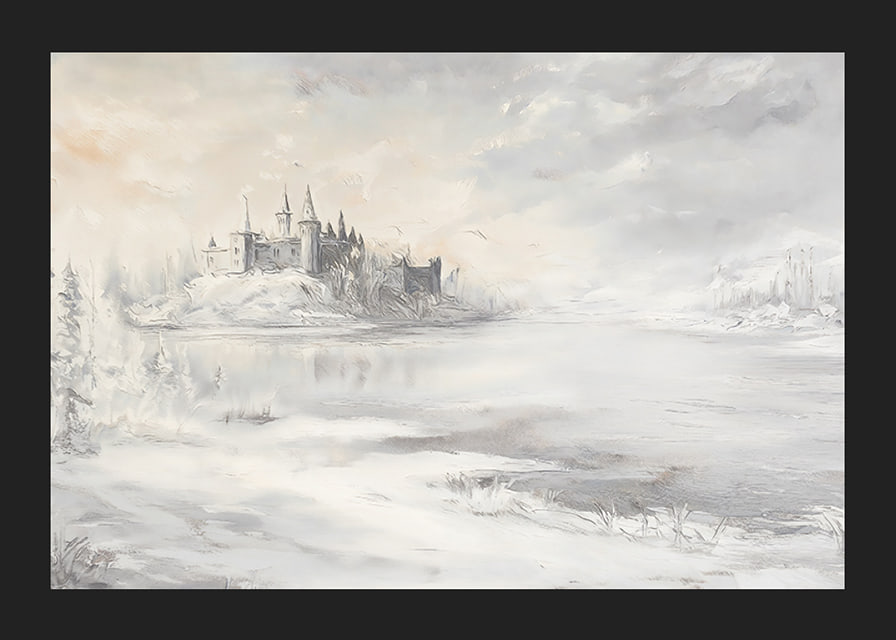 A poster depicting a majestic castle by a frozen lake-12