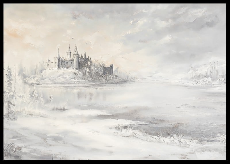 A poster depicting a majestic castle by a frozen lake-12