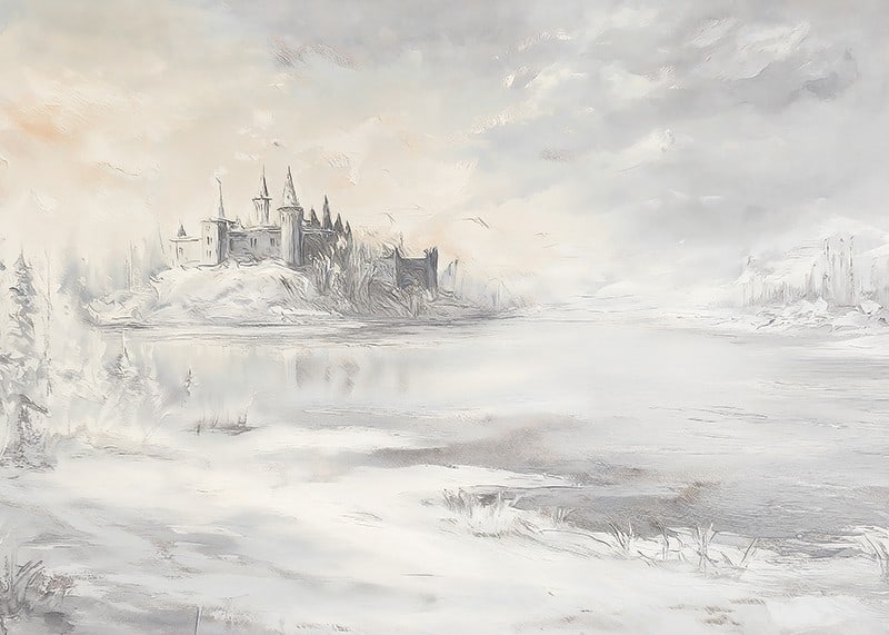 A poster depicting a majestic castle by a frozen lake-12