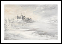 A poster depicting a majestic castle by a frozen lake-0