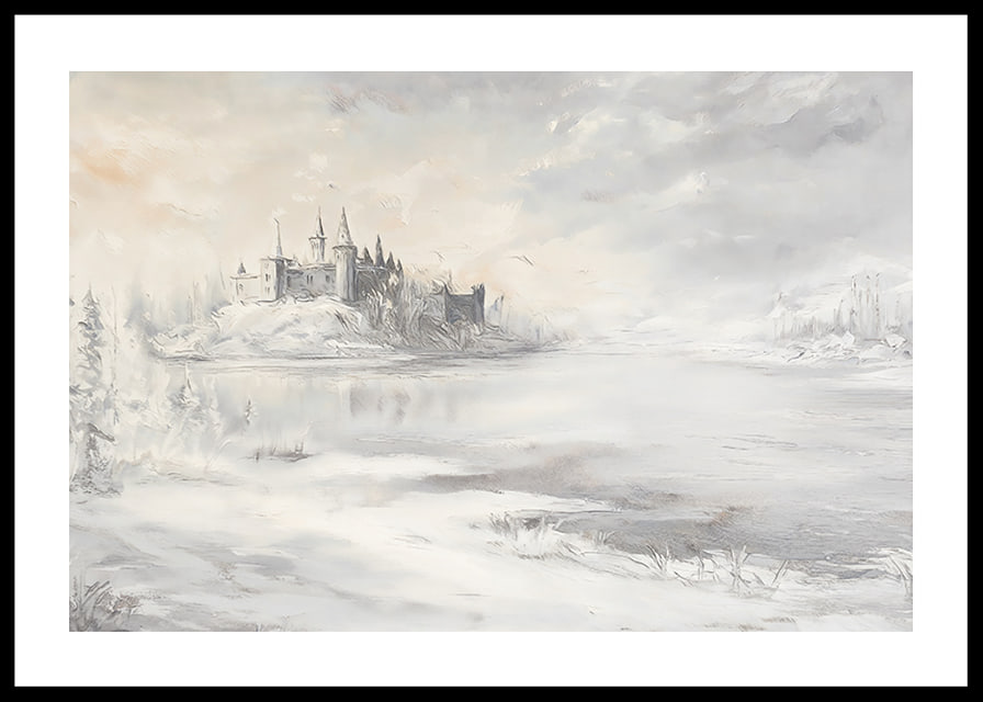 A poster depicting a majestic castle by a frozen lake-12