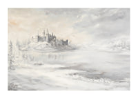 A poster depicting a majestic castle by a frozen lake-1