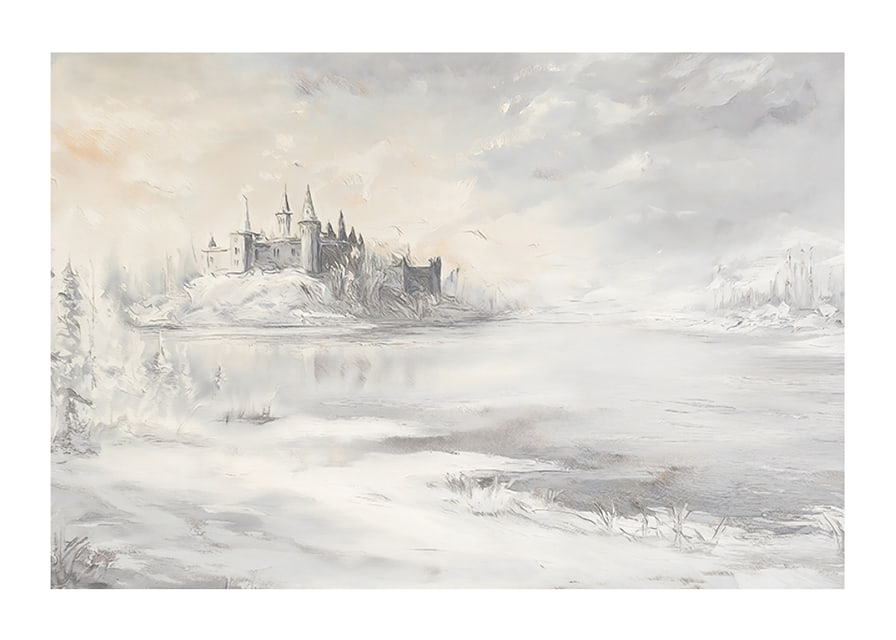 A poster depicting a majestic castle by a frozen lake-12