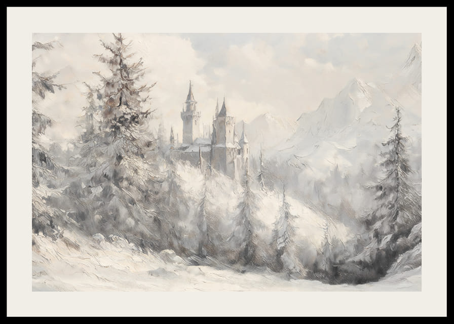 Zimný plagát s majestátnym hradom zasadeným do zasneženej krajiny -12