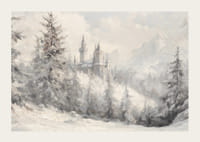 Zimný plagát s majestátnym hradom zasadeným do zasneženej krajiny -3