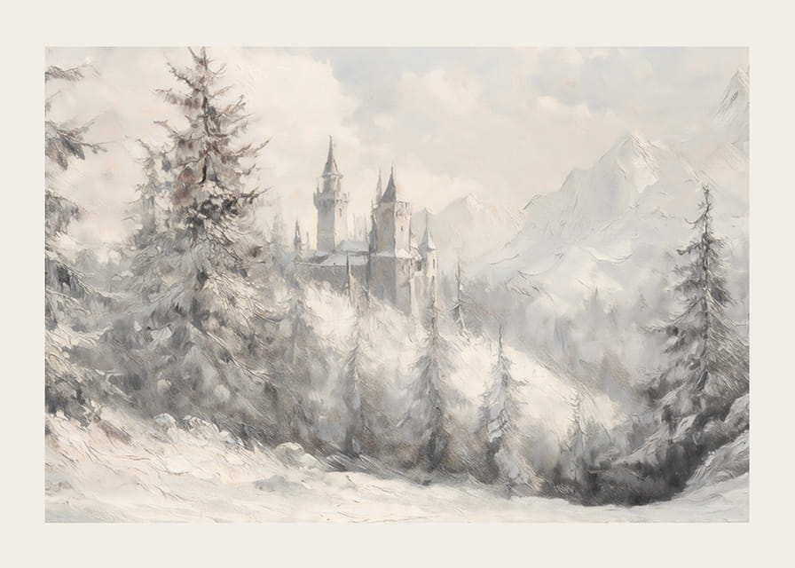 Zimný plagát s majestátnym hradom zasadeným do zasneženej krajiny -12