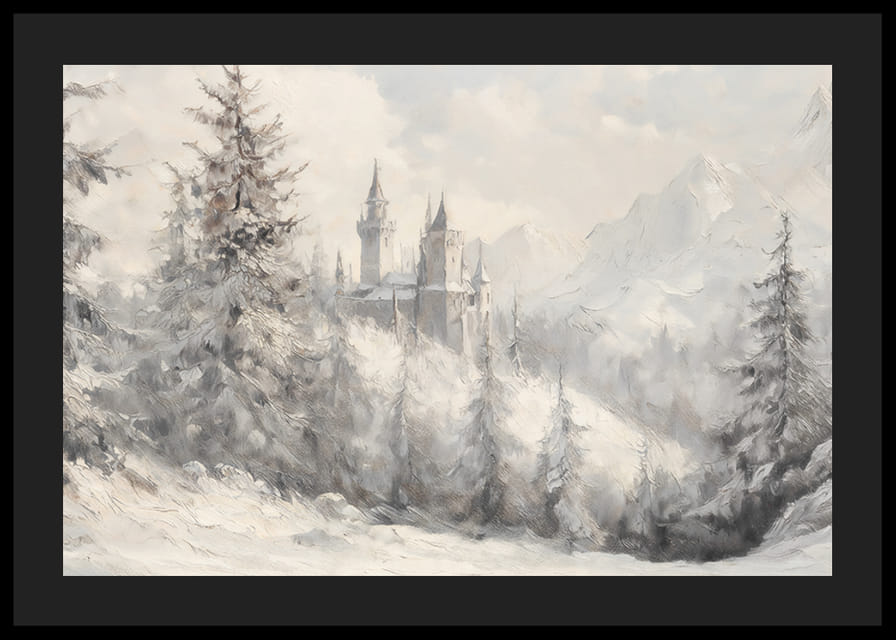 Zimný plagát s majestátnym hradom zasadeným do zasneženej krajiny -12