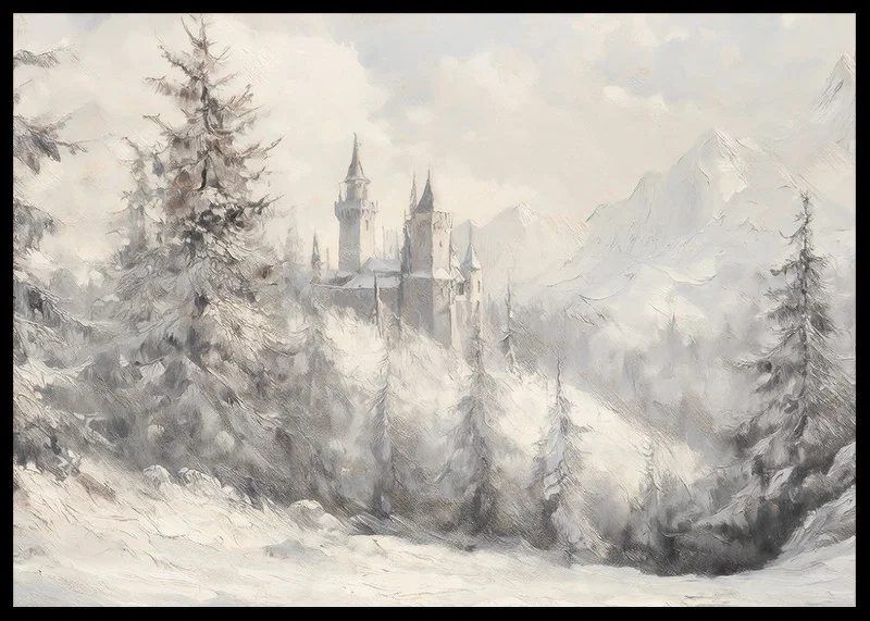 En vinterposter med ett majestätiskt slott inbäddat i ett snötäckt landskap -12