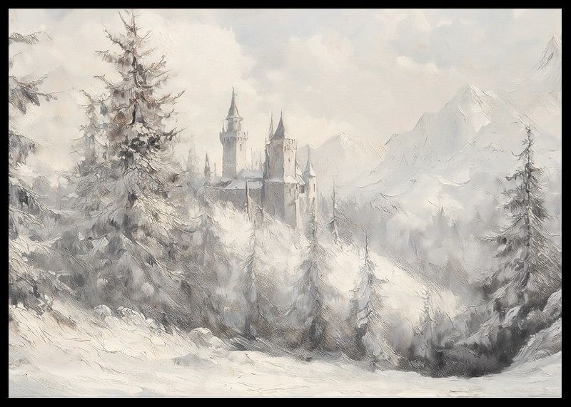 En vinterplakat med et majestetisk slott som ligger i et snødekt landskap -12