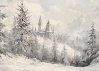 En vinterplakat med et majestetisk slott som ligger i et snødekt landskap -3