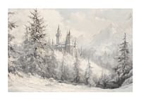 En vinterplakat med et majestetisk slott som ligger i et snødekt landskap -1