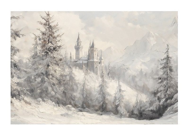 En vinterplakat med et majestetisk slott som ligger i et snødekt landskap -12
