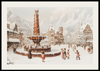 Een winterposter met een met sneeuw bedekt stadsplein en een fontein in het midden-2