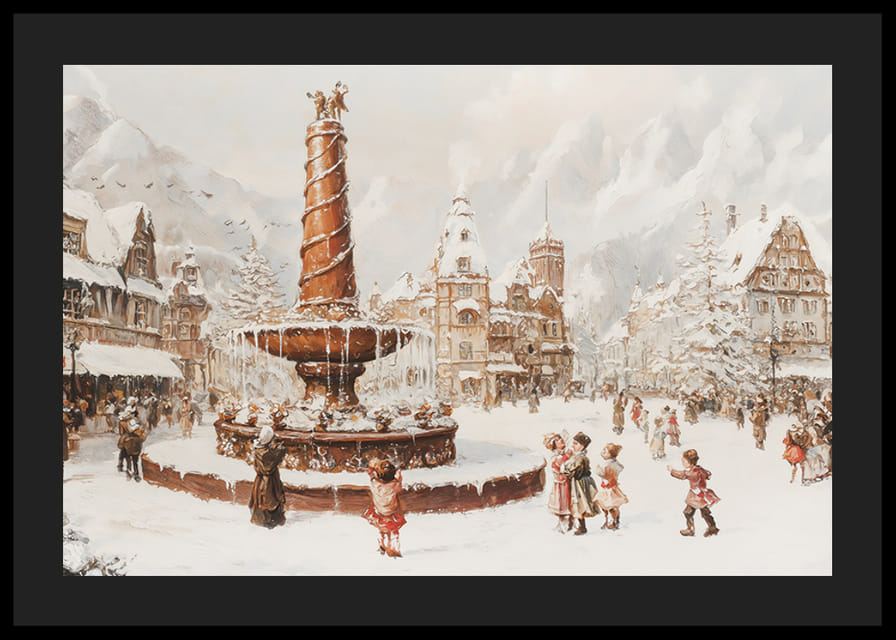 Zimný plagát zobrazujúci zasnežené mestské námestie a fontánu v strede-12