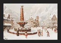 A winter poster showing a snow-covered town square and a fountain in the center-5