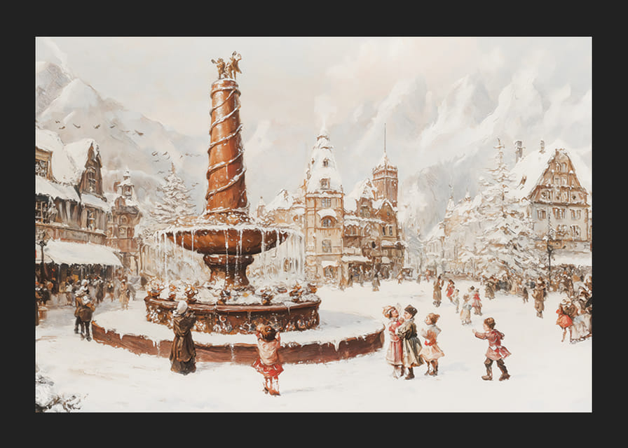 Zimný plagát zobrazujúci zasnežené mestské námestie a fontánu v strede-12