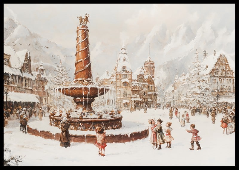 Een winterposter met een met sneeuw bedekt stadsplein en een fontein in het midden-12