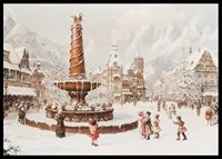 A winter poster showing a snow-covered town square and a fountain in the center-6