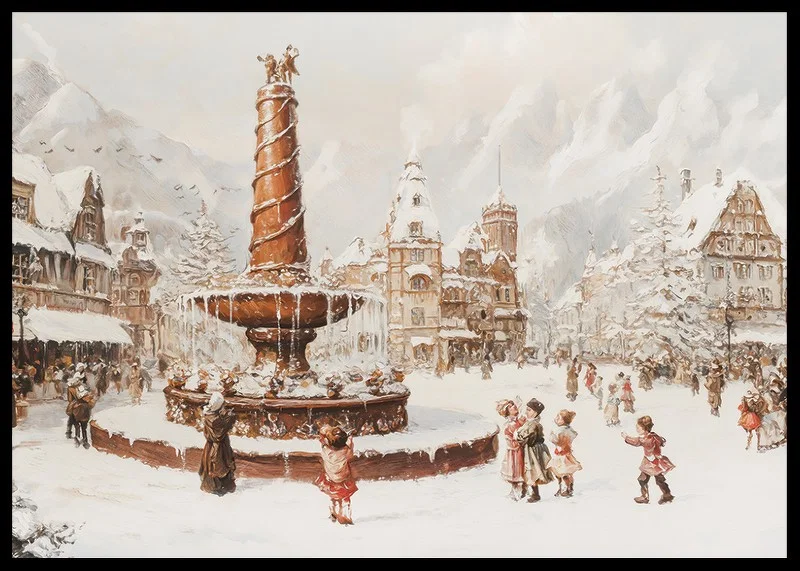 A winter poster showing a snow-covered town square and a fountain in the center-12